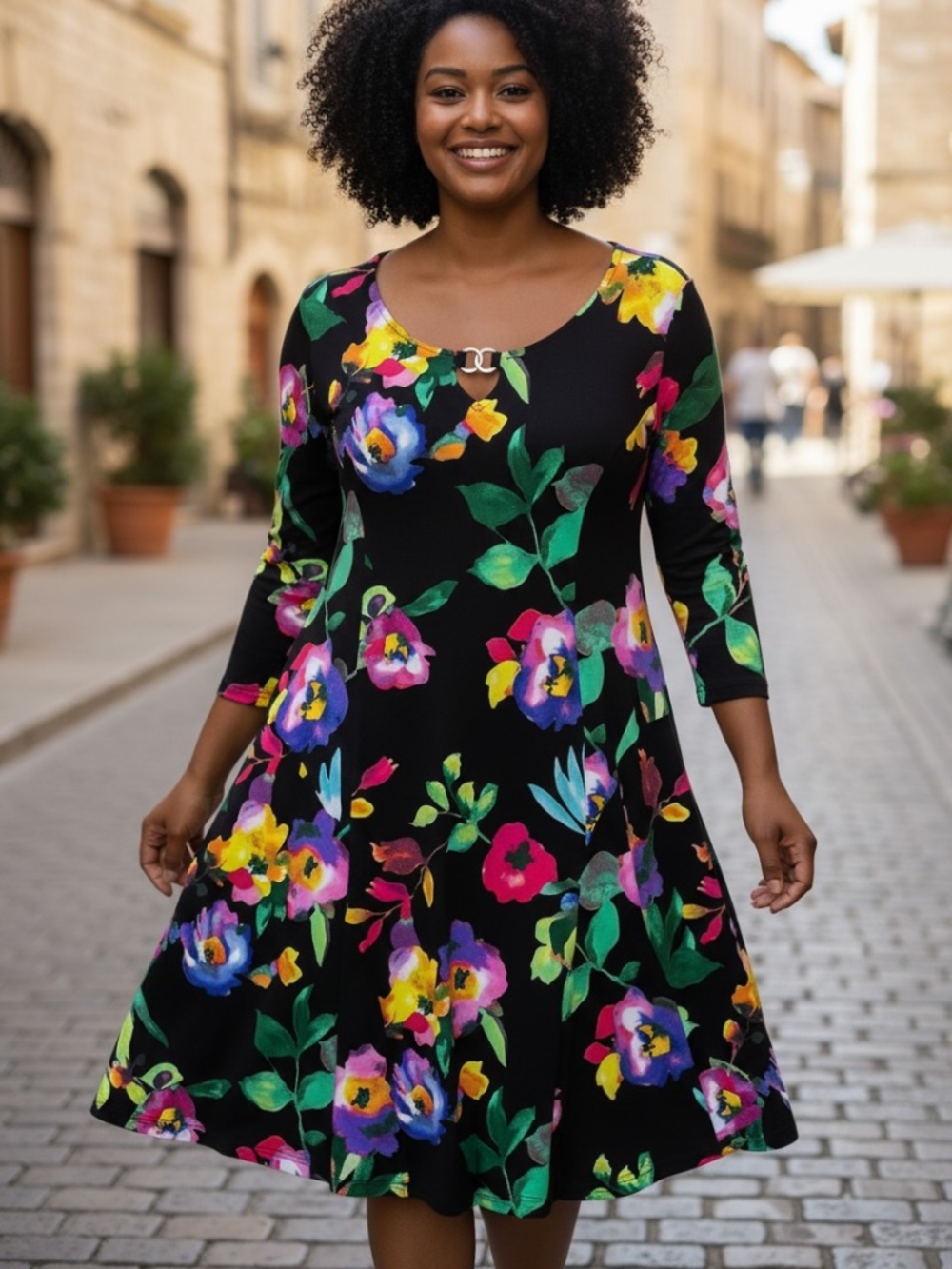 Susan Graver Black Floral Liquid Knit 3/4 Sleeve A-Line Midi Dress SZ L